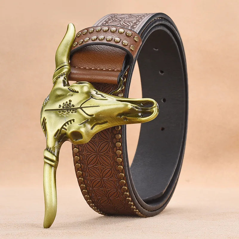 Vintage Western Cowboy Bull Buckle Belt