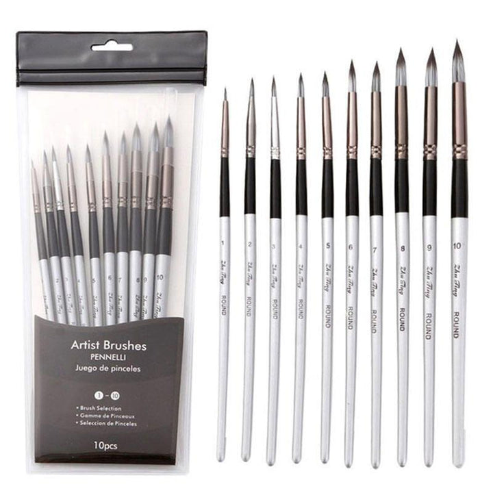 10pcs Round Artist Paint Brushes Set - Synthetic Nylon Tips