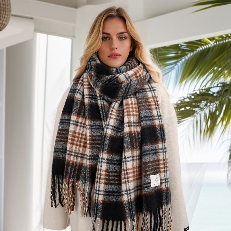 Elegant Checkered Cashmere Shawl Scarf - Thick & Warm Wrap