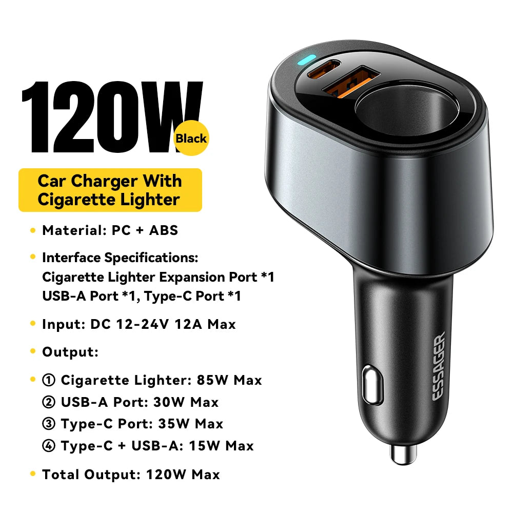 120W USB C Fast Car Charger with 85W Cigarette Lighter Adapter for iPhone & Laptops