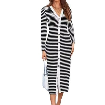 Striped Women's Long Sleeve Mid-length Dress Decoration