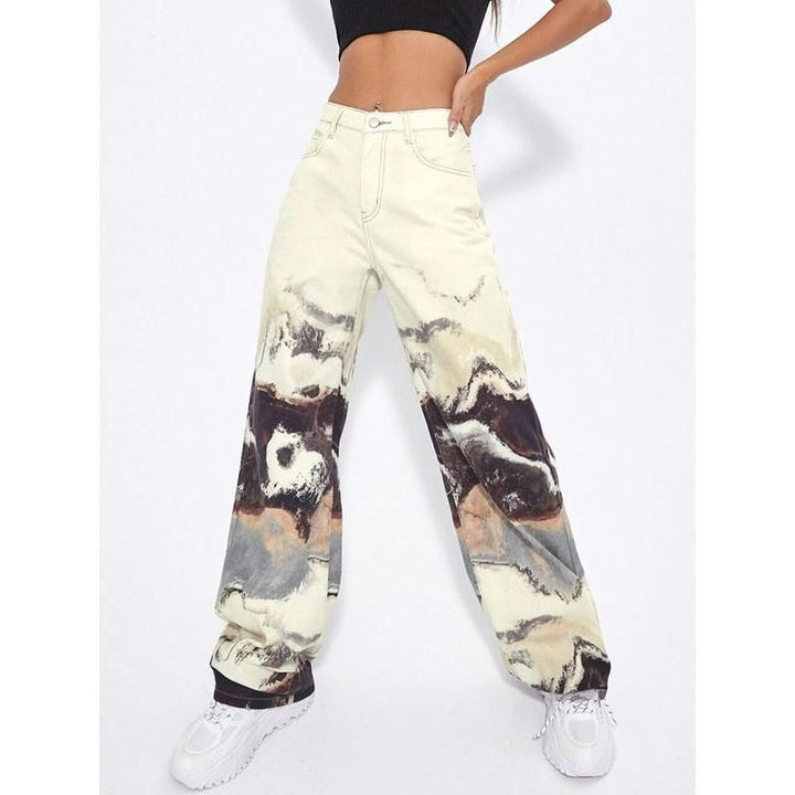 Korean Tie Dye Wide Leg High Waist Jeans