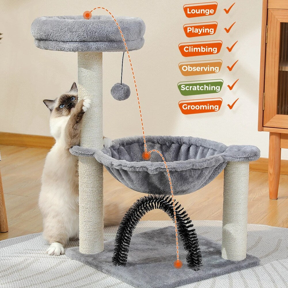 Compact Cat Tree Tower with Hammock, Scratching Post, and Plush Basket