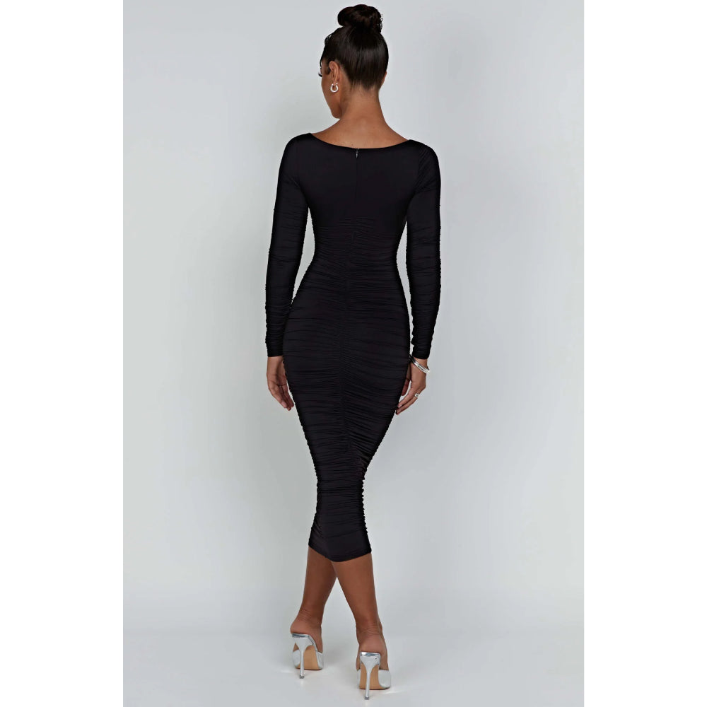 Autumn Winter Long Sleeve Ruched Midi Dress for Women