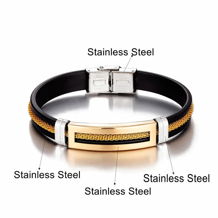 Men's Stainless Steel and Silicone Bracelet with Golden Chain