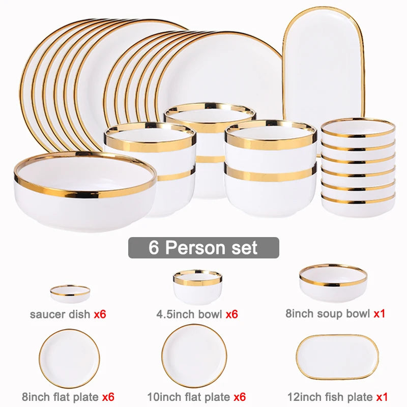 Classical Nordic Bone China Plates Set with Golden Edge, Porcelain Light Green Dinnerware for Elegant Dining