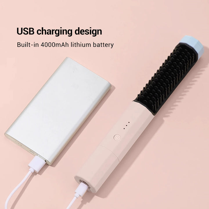 Portable Wireless Hair Styling Brush: Fast-Heating USB Rechargeable Straightener & Curler