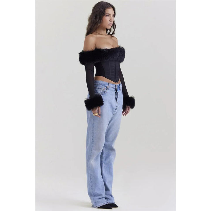 Elegant Feather Strapless Backless Sheer Long Sleeve Sexy T-Shirt