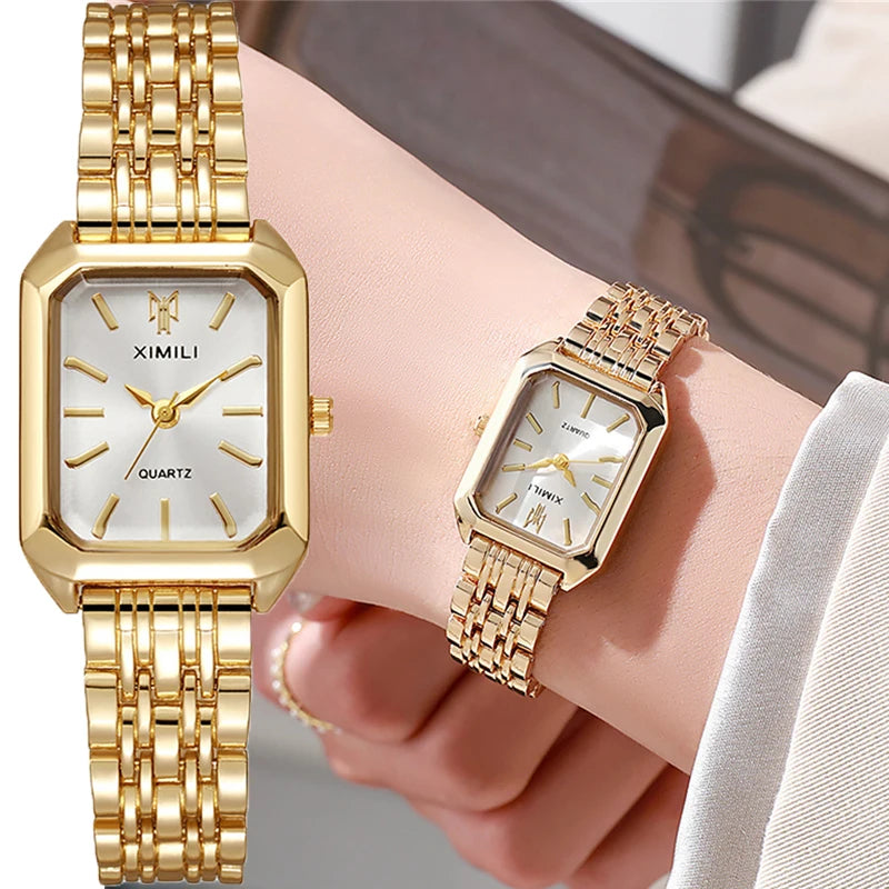 Elegant Women's Square Watch with Gold Alloy Strap