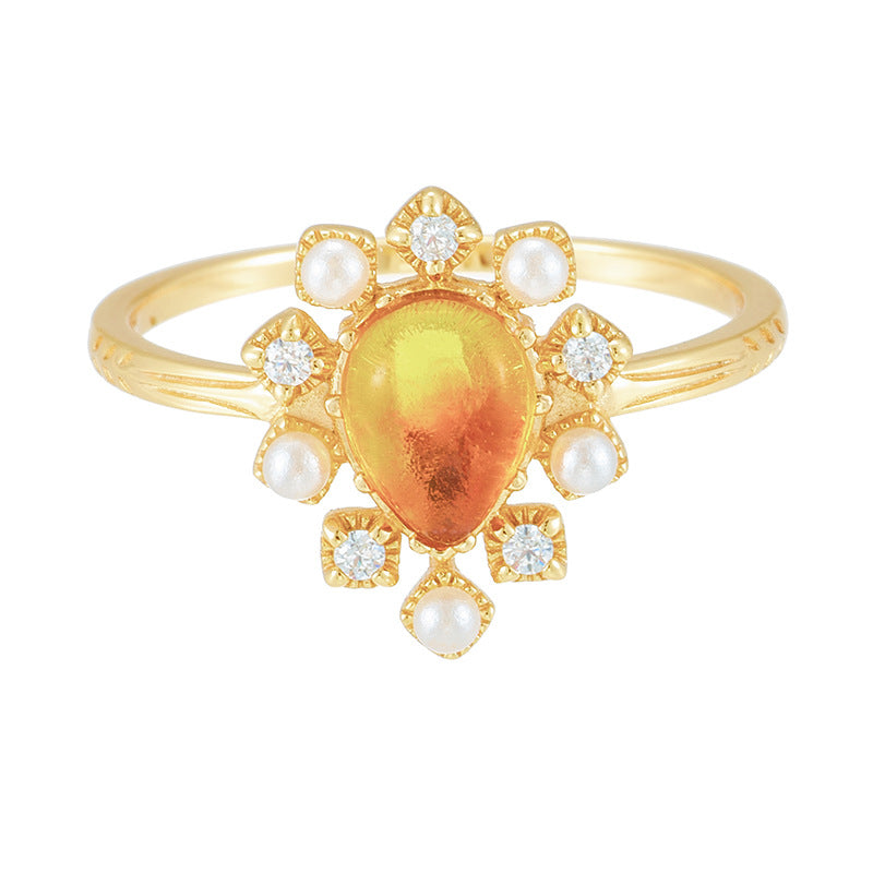 Vintage Ring Female S925 Silver Gilded Flower Amber