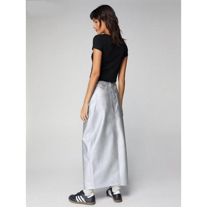 Elegant Mid-Waist Silver Long Skirt