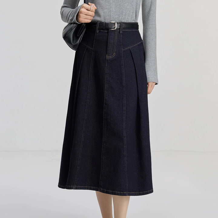 Elegant High Waist Dark Denim A-Line Midi Skirt for Women