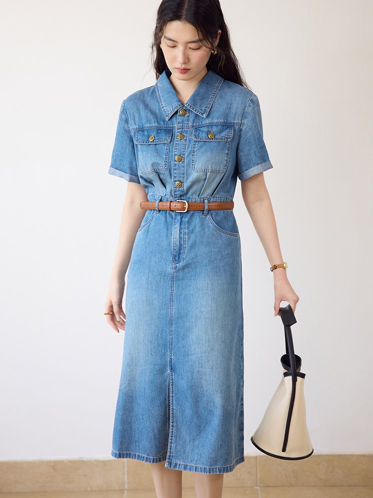 Denim Blue Polo Neck Short Sleeve Shirt Dress