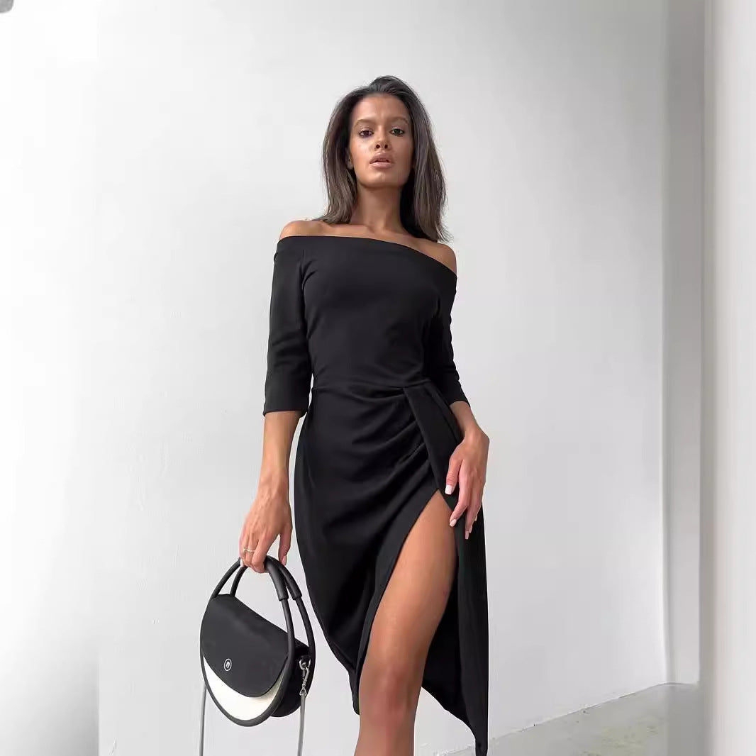 Women's Off-neck Long Sleeve Waist Slit Dress