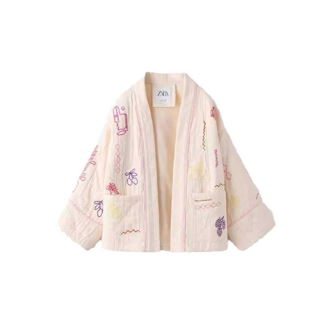 Casual All-match V-neck Fruit Embroidery Kimono Jacket