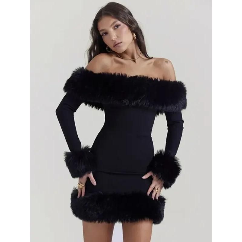 Elegant Off-Shoulder Fur-Trimmed Bodycon Mini Dress