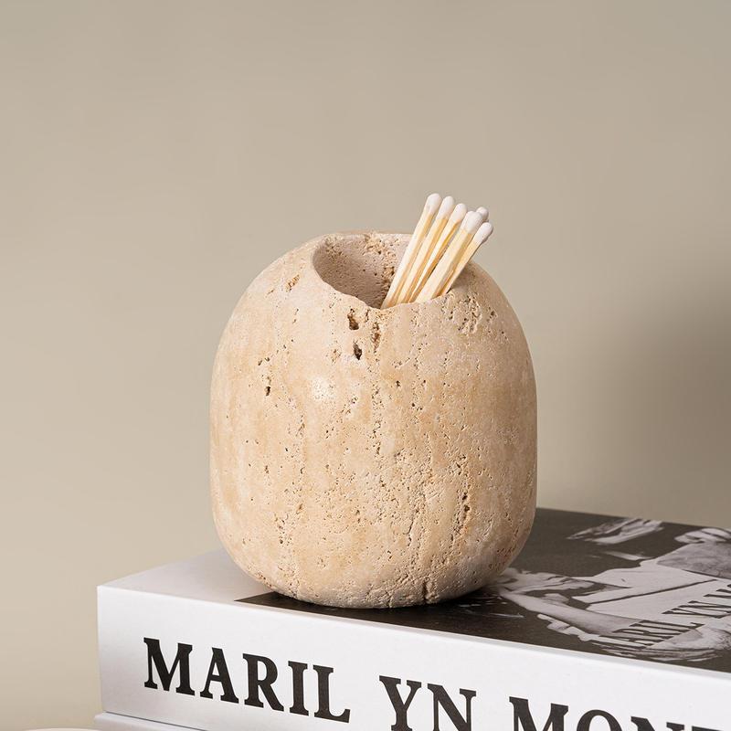 Beige Travertine Stone Match Holder and Toothpick Jar