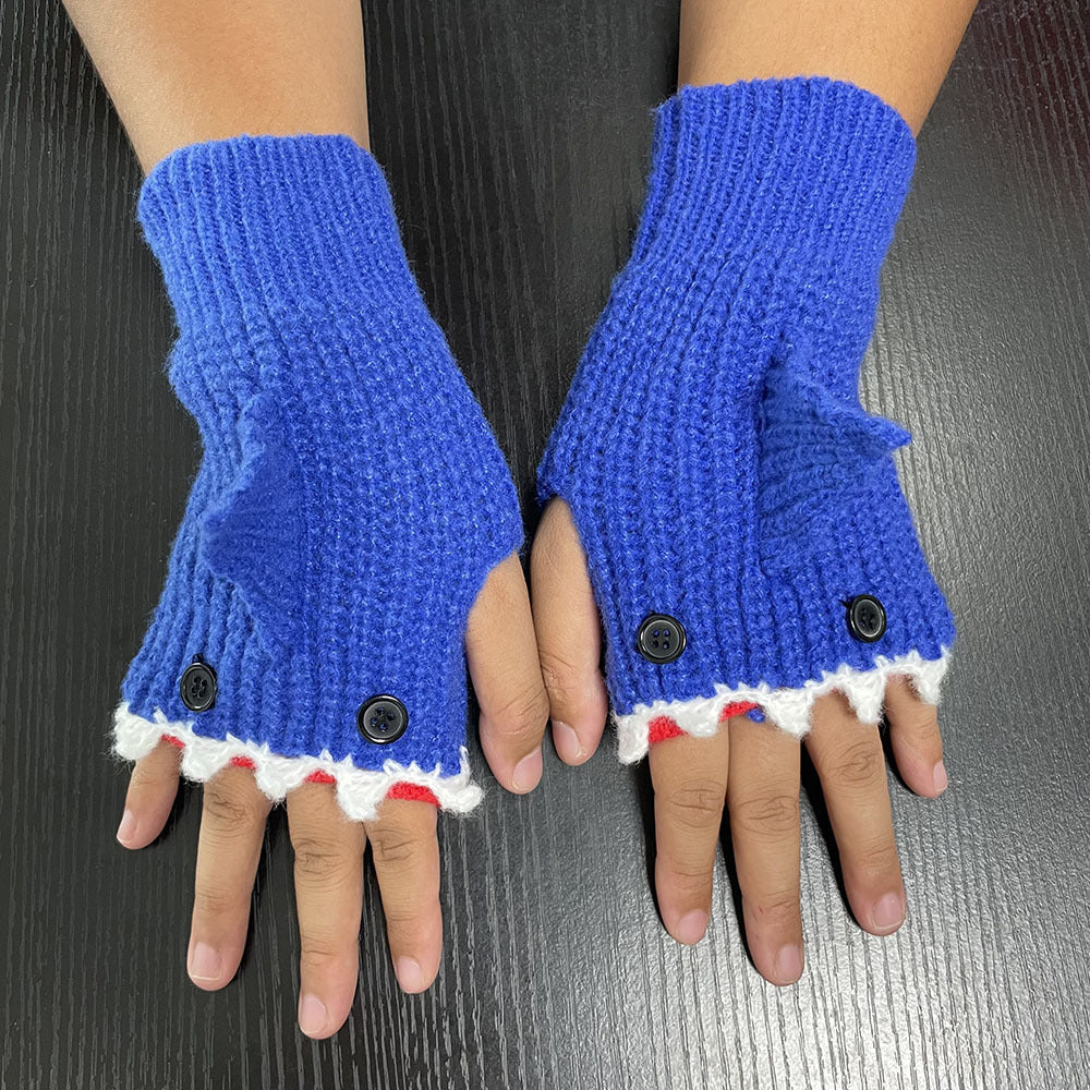 New Cartoon Grey Shark Warm Half Finger Knitted Gloves