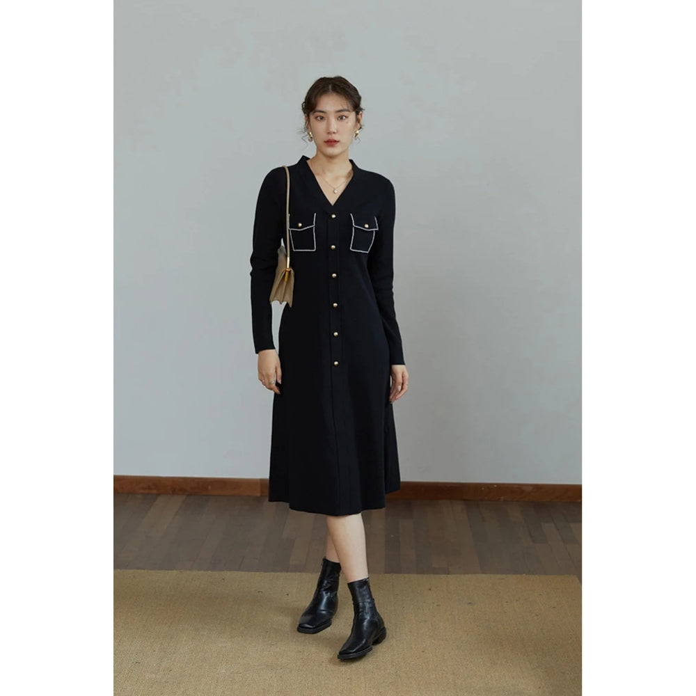 Elegant Black V-Neck Knitted A-line Winter Dress