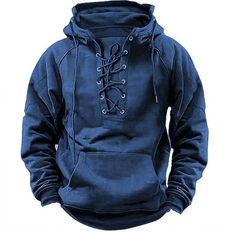 Men's Outdoor Retro Lace-up Hooded Long-sleeved T-shirt Casual Top