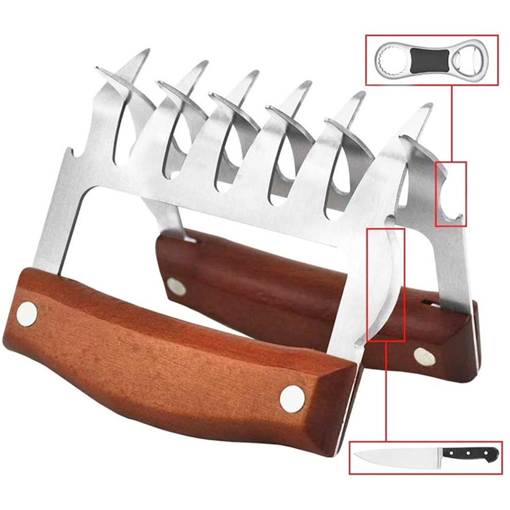 Stainless Steel Meat Claw with Wooden Handle for BBQ