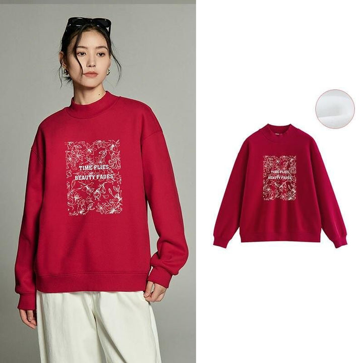 Winter Floral Print Plush Sweatshirt for Women