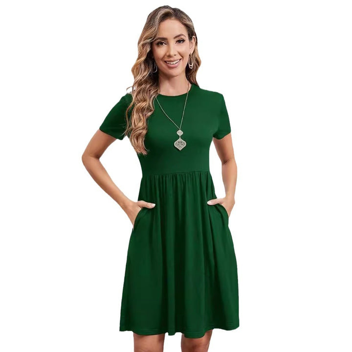 New Elastic Waist Round Neck Short Sleeve Dress Women