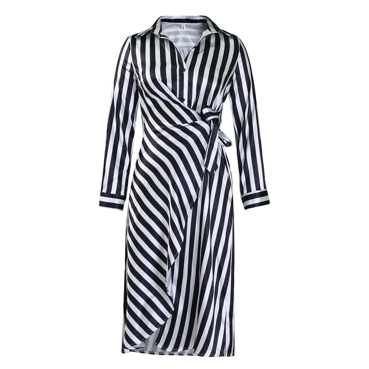 Striped Lapel Shirt Dress Loose Long Sleeve Dress