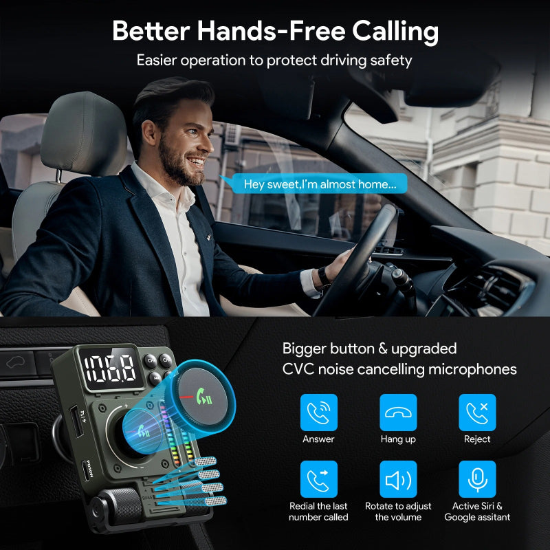 Bluetooth 5.3 FM Transmitter with Adjustable Treble & Bass