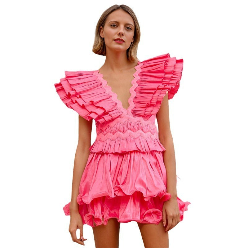 Ruffled Flying Sleeves Cake Dress Women