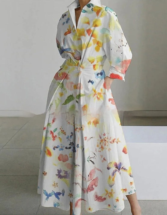 Stand-up Collar Cinched Pocket Printing Mid-length Temperament Dress