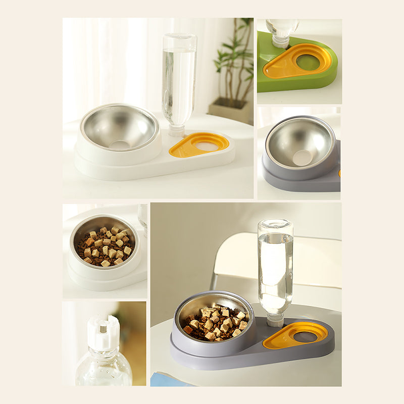 2-in-1 Pet Bowl with Automatic Water Fountain - Raised Stainless Steel Feeder