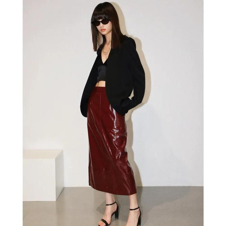 High Waist Reflective PU Leather Midi Pencil Skirt