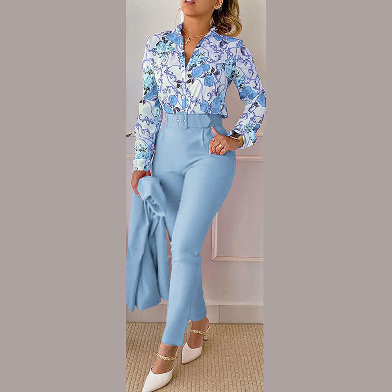 Women's Fashionable Printed Long-sleeved Shirt And Trousers Suit