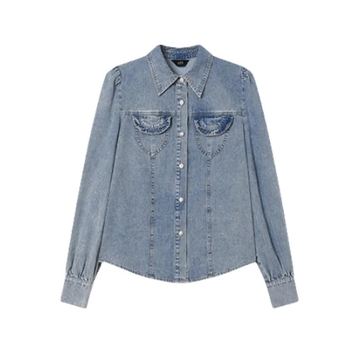 Chic Turn-Down Collar Denim Blouse for Women