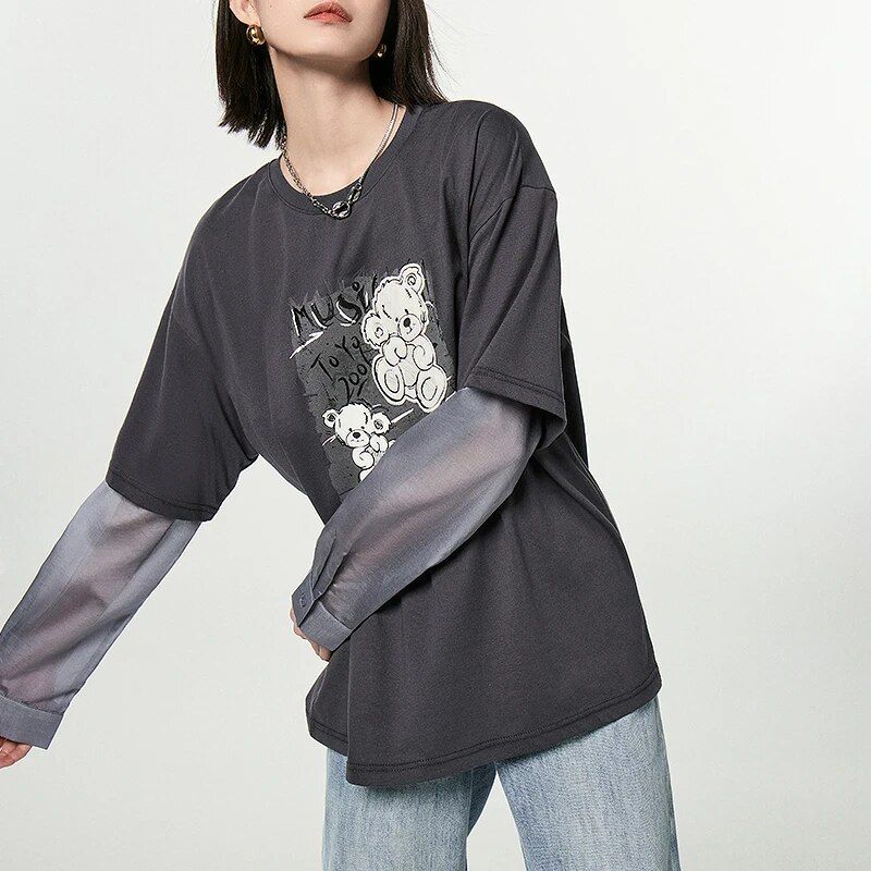 Autumn Bear Print Embroidered Long Sleeve Cotton Tee