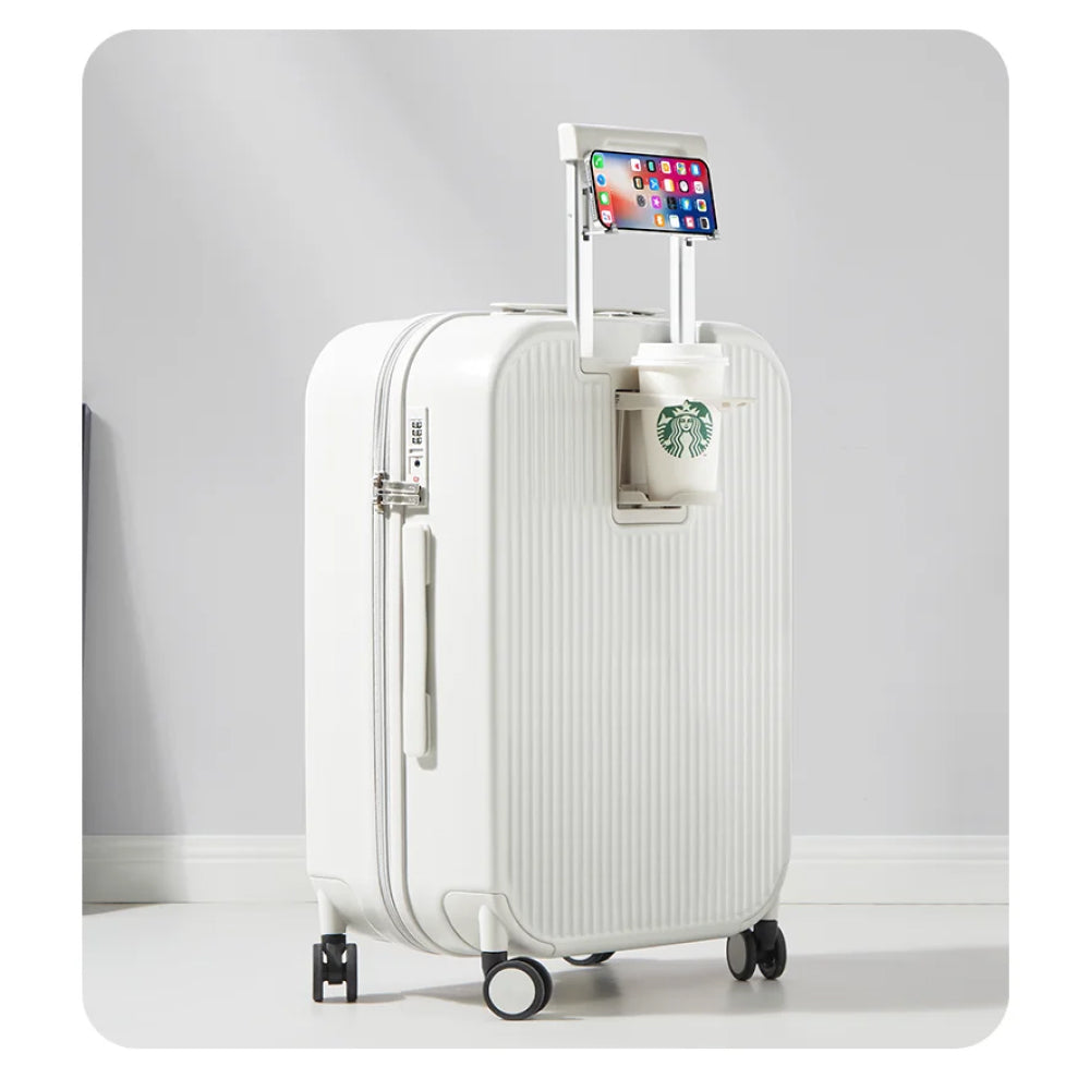 Hard Shell Spinner Suitcase with Cup & Phone Holder - Travel Light & Smart