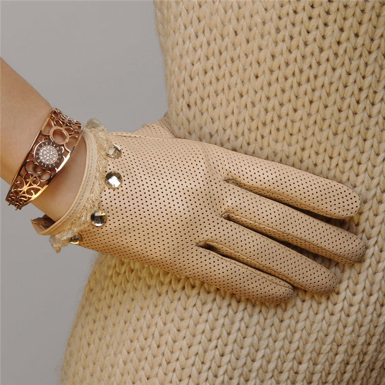 Ladies Sheepskin Perforated Breathable Single Leather Touch Screen Full Finger Gloves