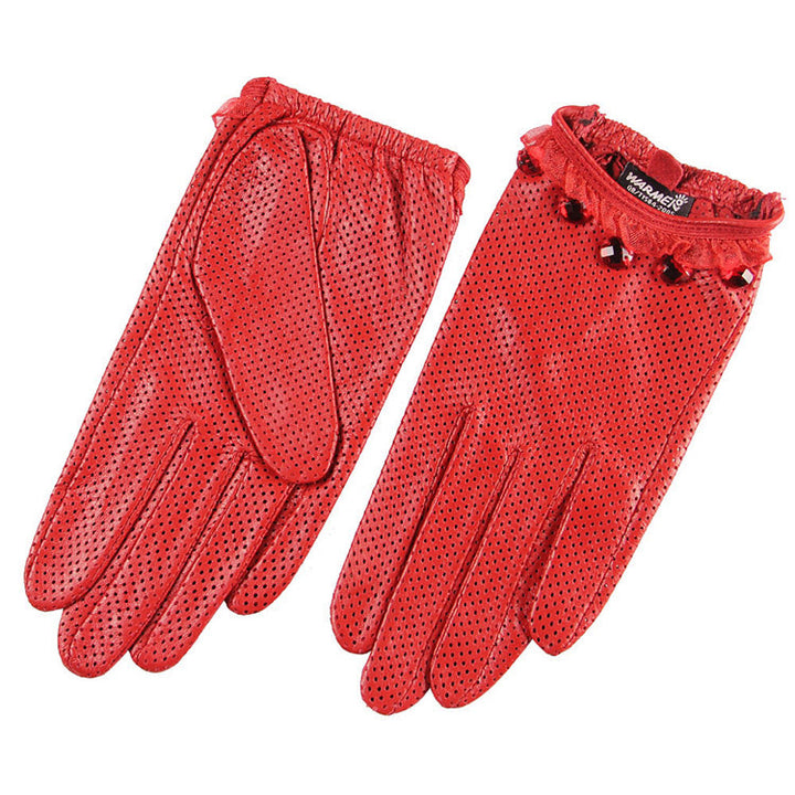 Ladies Sheepskin Perforated Breathable Single Leather Touch Screen Full Finger Gloves