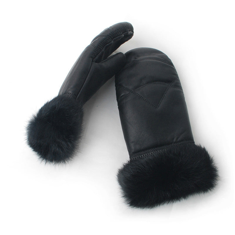 Leather Mittens Women's Winter Thickened Casual Warm Cycling Leather Gloves