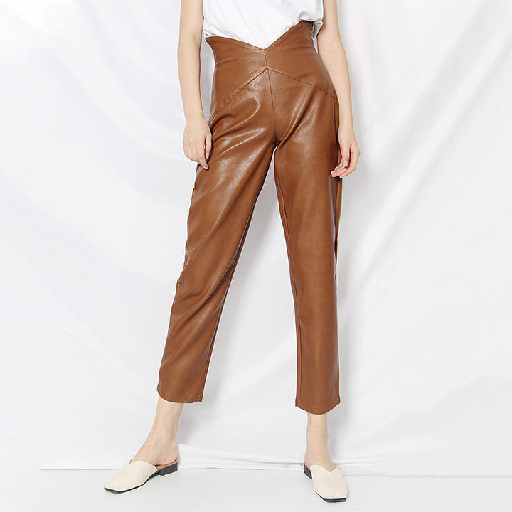 New Fashion High Waist Irregular Harem Leather Cropped Casual Pants