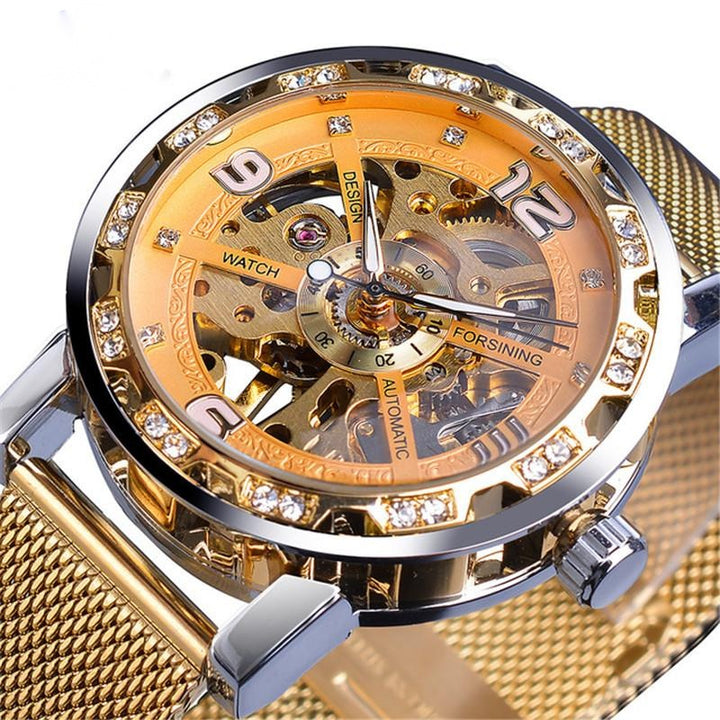 Mesh Belt Hollow Rhinestone Manual Mechanical Watch