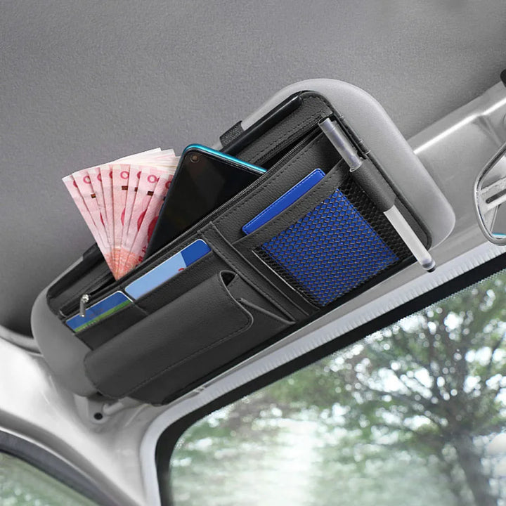 Leather Car Sun Visor Storage Organizer with Sunglasses & Card Holder