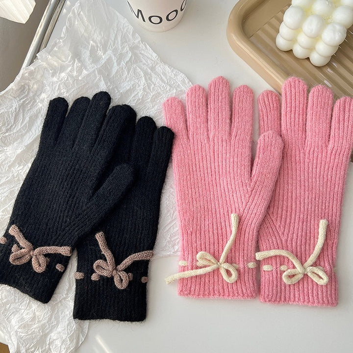 Autumn And Winter New Bow Pure Color Warm Keeping Finger Gloves