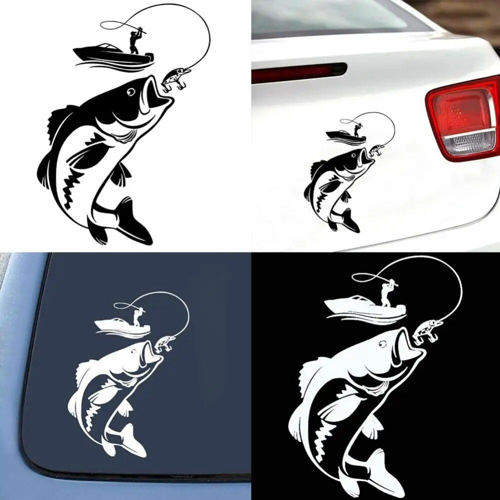 Reflective Fisherman & Fish Boat Car Decal - Waterproof PVC Vehicle Sticker