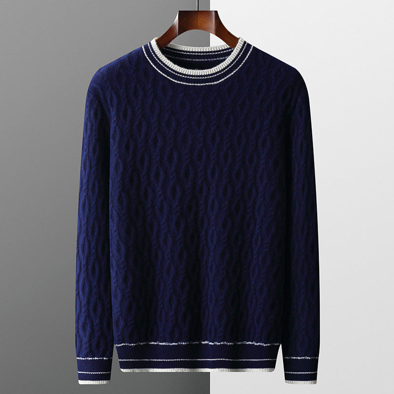 Fall Winter Men Jacquard Colorblock Sweater Round Neck Thickened