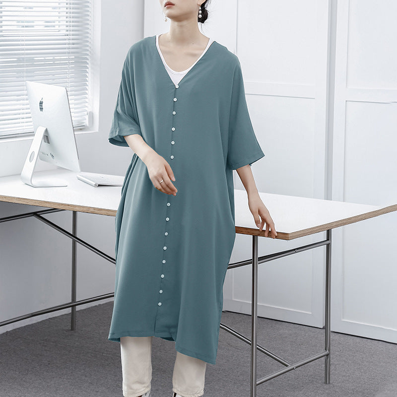 Japanese Summer Short Sleeve V-neck Shirt Dress