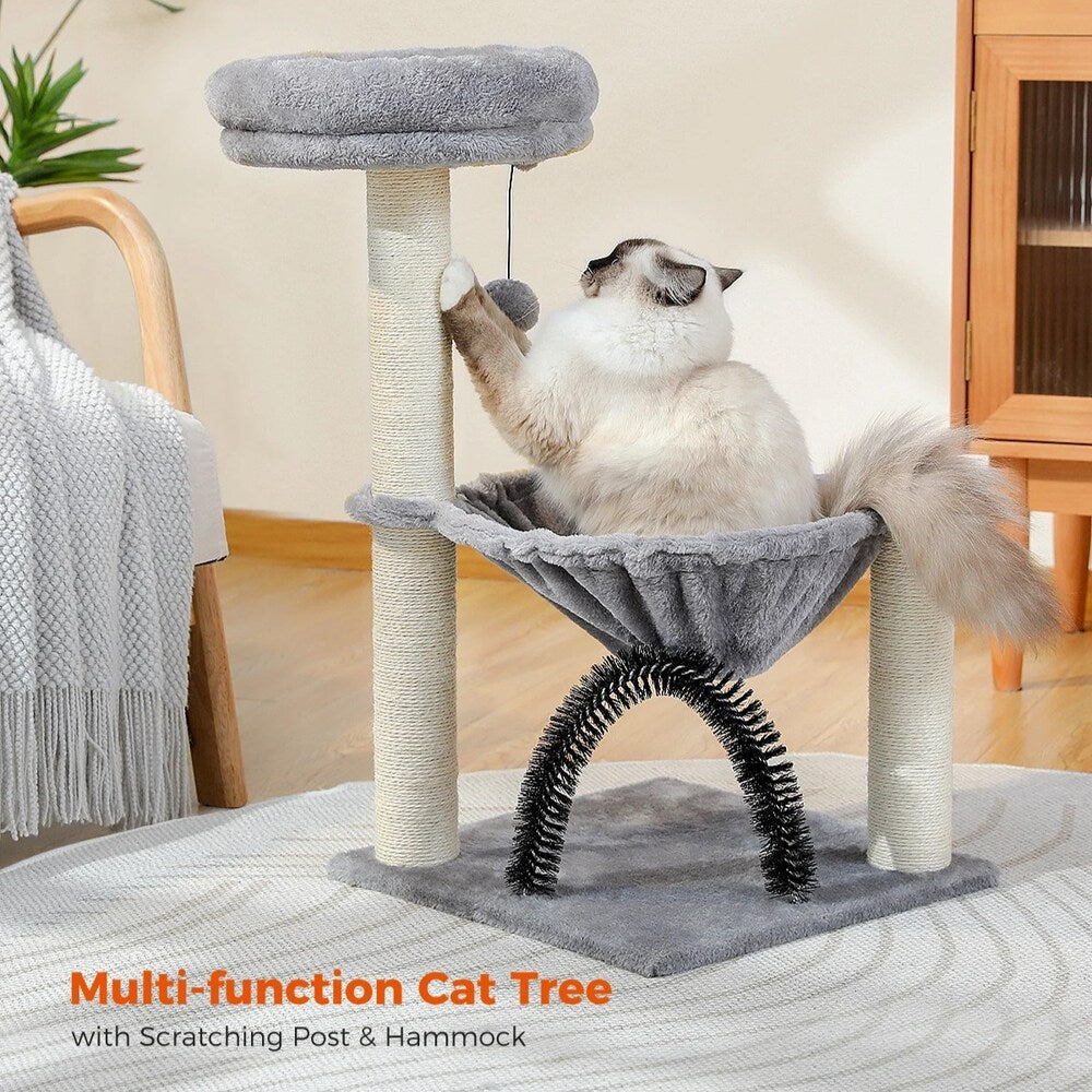 Compact Cat Tree Tower with Hammock, Scratching Post, and Plush Basket