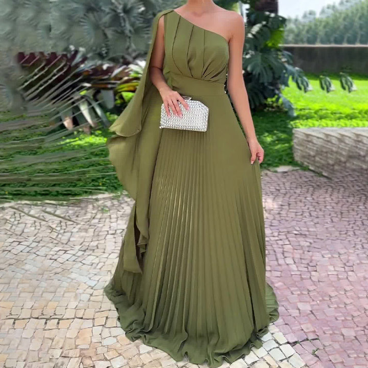 Summer Sloping-shoulder Off The-shoulder Sexy Pleated Shawl High Waist Dress