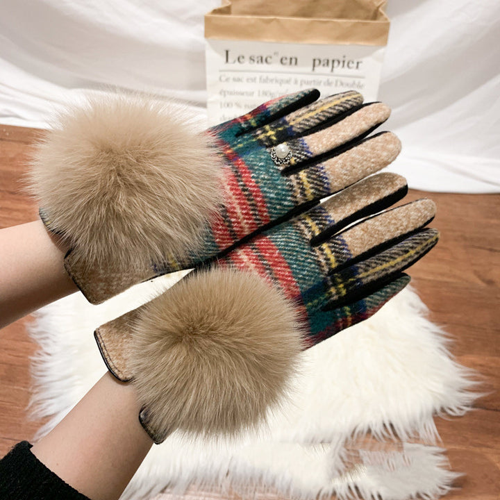 Oversized Fox Fur Ball Day Single Symmetrical Plaid Wool And Cashmere Finger Gloves